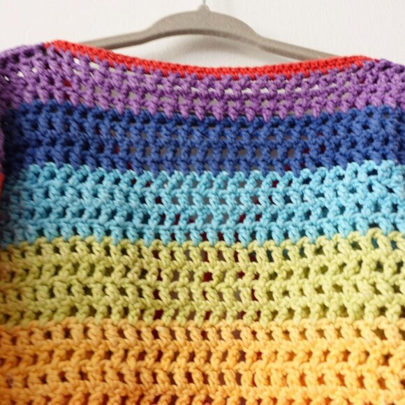 Rainbow Cropped Sweater Girls XL Cardigan Handmade Crochet Bold Open Boho Y2K - Picture 9 of 11